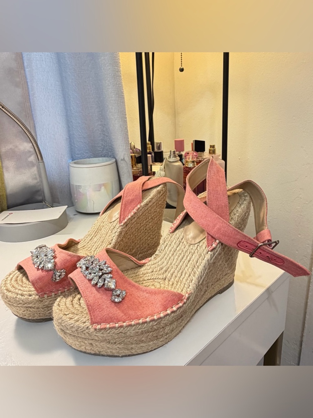 Kaari Blue Coral Espadrille Wedge Sandals with Rhinestone Accents